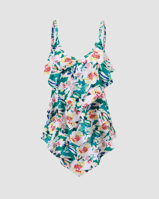 Floral Layered Trim Tiered Frill Tummy Control One-Piece Swimsuit