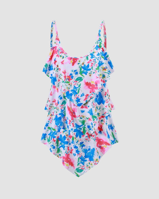Summer Garden Ditsy Floral Layered Trim Tiered Frill One-Piece Swimsuit