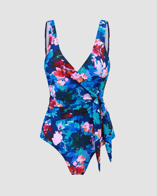 Watercolor Floral Knotted Tummy Control Wrap One-Piece Swimsuit