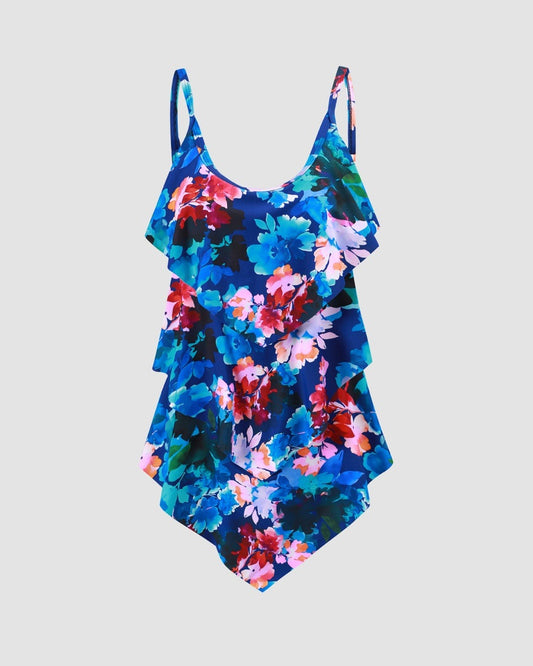 Watercolor Floral Layered Trim Tiered Frill One-Piece Swimsuit