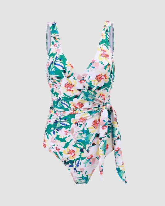 Floral Knotted Tummy Control Wrap One-Piece Swimsuit