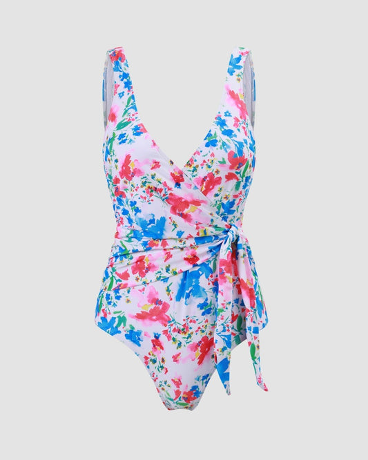 Summer Garden Ditsy Floral Knotted Tummy Control Wrap One-Piece Swimsuit