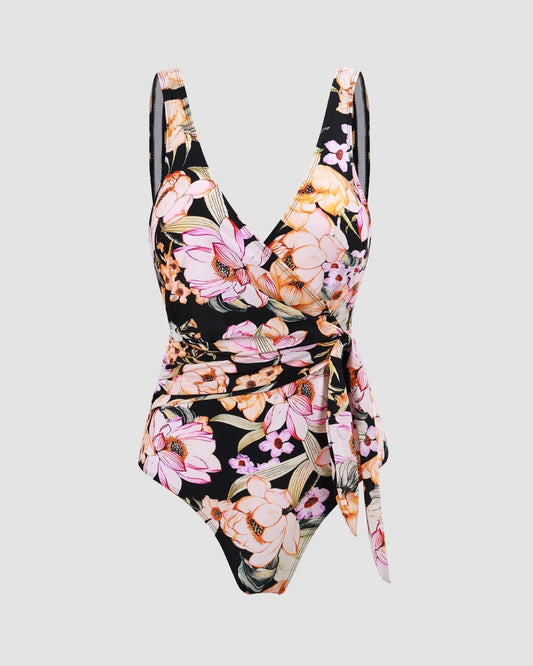 Romantic Lotus Floral Knotted Tummy Control Wrap One-Piece Swimsuit